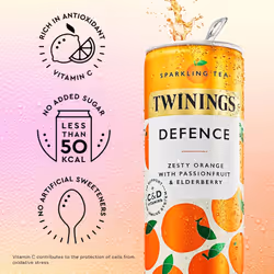 Twinings Defence-Orange and Passionfruit Flavoured Sparkling Tea-Refreshing Fruity Beverage(12X250ml Cans)-No Added Sugar,Low in