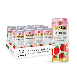 Twinings Refresh - Raspberry & Lemon Flavoured Sparkling Tea-Refreshing Fruity Beverage(12X250ml Cans)-No Added Sugar, Low in Caffeine/Calorie,