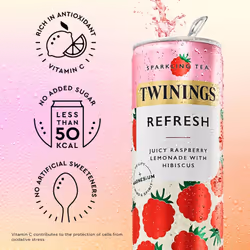 Twinings Refresh - Raspberry & Lemon Flavoured Sparkling Tea-Refreshing Fruity Beverage(12X250ml Cans)-No Added Sugar, Low in Caffeine/Calorie,