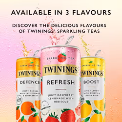 Twinings Refresh - Raspberry & Lemon Flavoured Sparkling Tea-Refreshing Fruity Beverage(12X250ml Cans)-No Added Sugar, Low in Caffeine/Calorie,