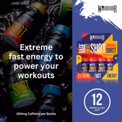 Warrior Rage Energy Shots - Pre Workout Shot Drink 12 x 60ml - RTD Fuel Juice Supplement (Liquid not Gels) - 200mg Caffeine to Lift Sessions and