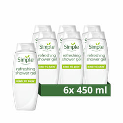 Simple Kind to Skin Refreshing Shower Gel Body Wash with cucumber extracts and pro-vitamin B5 for sensitive skin 6x 450 ml