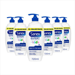 Sanex Expert Skin Health Head to Toe Kids? Body Wash 720ml x4 - protects delicate skin - children?s shower gel - gently cleanses - 12h hydration -