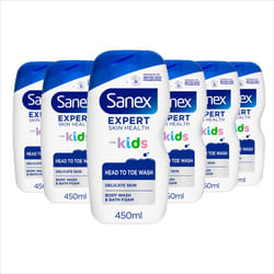 Sanex Expert Skin Health Body & Hair Kids Shower Gel 6 X 450ml Gently Cleanses Delicate Skin 12 Hour Hydration Paediatrician Approved Prebiotic &