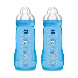 MAM Coloured 2nd Age 330ml Bottle 6 Months Debit Teat (Pack of 2)