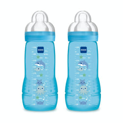 MAM Coloured 2nd Age 330ml Bottle 6 Months Debit Teat (Pack of 2)