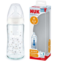 NUK First Choice+ Glass Bottle | 0-6 Months | Temperature Control | Silicone Teat | Anti-Colic Valve | BPA Free | 240ml