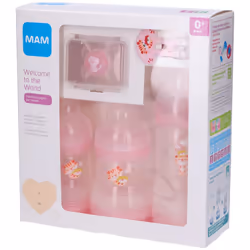 MAM Welcome to The World Gift Set with 3 Anti-Colic Bottles, Dummy, Dummy Clip, Pink