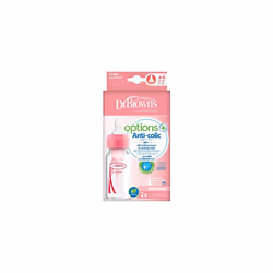 Dr Brown's Natural Flow Anti-Colic Options+ Narrow Baby Bottle, 4oz/120 ml, with Level 1 Slow Flow Teat, Pack of 2, Pink