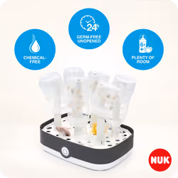 NUK Vario Express Bottle Steriliser | Steam Sterilises up to 6 Baby Bottles & Accessories in 6 Minutes | Auto Switch Off | Removable Basket & Poles |