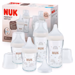 NUK Perfect Match Glass Baby Bottles Set | 6+ Months | Adapts to Baby's Palate | Temperature Control | 4 x Anti Colic Bottles ...