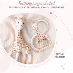 Sophie la girafe Sophiesticated Original Teether and Teething Ring Gift Set, 100% Natural Rubber Baby Teething Toys, Baby Gift Box Set with Gift Bag