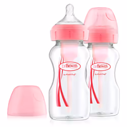 Dr Brown's Natural Flow Anti-Colic Options+ Wide-Neck Baby Bottle, 9oz/270ml, with Level 1 Teat, 2-Pack, Pink