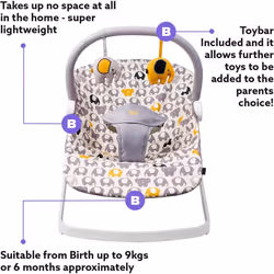 BABABING | Float Baby Bouncer | Reclining Baby Rocker with Contemporary Ellie Elephant Print | Portable Baby Seat with Exclusive Soft Toys