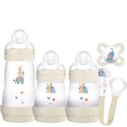 MAM Welcome to The World Set | Baby Gift Set with 3X Feeding Bottles, 0-2 Month Soother and MAM Dummy Clip | Baby Accessories for Newborn | Grey