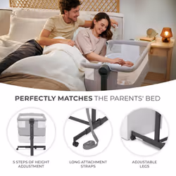 KinderKraft Neste UP 2 Bedside Crib, Travel Cot, Co-Sleeping Bed, Ajustable Height, Foldable Side Wall, Transport Wheels, with Accessories, Cotton