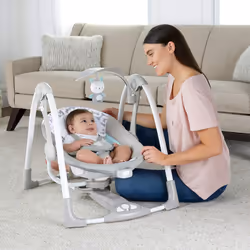 Ingenuity ConvertMe 2-in-1 Compact Portable Automatic Baby Swing & Infant Seat, Battery-Powered Vibrations, Nature Sounds, 0-9 Months 6-20 lbs