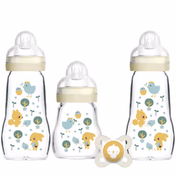 MAM Glass Baby Bottles & Soother Starter Set | 4 Pieces | 2x 170ml and 1x 260ml Feeding Bottles | 1x 0-2 Months Soother | Per ...