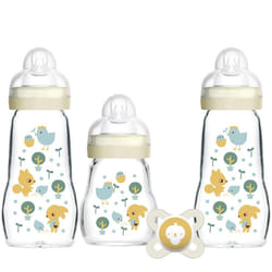 MAM Glass Baby Bottles & Soother Starter Set | 4 Pieces | 2x 170ml and 1x 260ml Feeding Bottles | 1x 0-2 Months Soother | Perfect Baby Accessories for