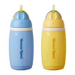 Tommee Tippee Insulated Active Straw Cup, 266ml, Spill-Proof Toddler Water Bottle for 12 Months+, Flip Lid Helps Keep Straw Clean, Blue and Yellow, 2