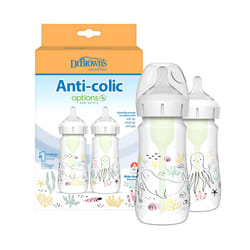 Dr Brown's Anti-Colic Options+ Wide-Neck Baby Bottle, 9oz/270ml, 2-Pack - Ocean Design