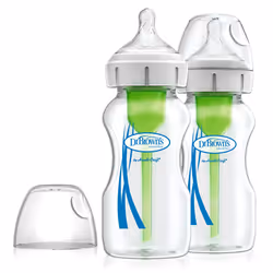 Dr Brown's Natural Flow Anti-Colic Options+ Wide-Neck Glass Baby Bottle, 9oz/270 ml, with Level 1 slow flow Teat, Pack of 2 T ...