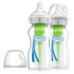 Dr Brown's Natural Flow Anti-Colic Options+ Wide-Neck Glass Baby Bottle, 9oz/270 ml, with Level 1 slow flow Teat, Pack of 2 Transparent (Packing May