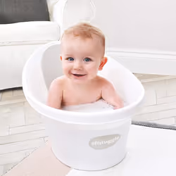 Shnuggle Newborn Baby Bath | Built in Support Bump and Soft Backrest | Suitable from Newborn | Bath Seat Support Includes Plug | White with Grey