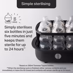 Tommee Tippee Supersteam Electric Steam Steriliser for Baby Bottles, Kills Viruses and 99.9 Percent of Bacteria, 5-Minute Sterilisation Cycle, Black