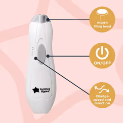 Tommee Tippee Electric Baby Nail File Trimmer, Battery-Powered Infant Nail Clipper with LED Light and Six Filing Heads for Baby and Adult Use
