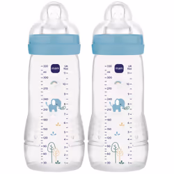 MAM Easy Active Bottles | 2 Pack (2 x 330ml) | Fast Flow MAM Teats Size 3 | Baby Accessories | Blue (Various Designs)