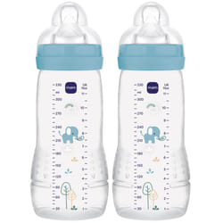 MAM Easy Active Bottles | 2 Pack (2 x 330ml) | Fast Flow MAM Teats Size 3 | Baby Accessories | Blue (Various Designs)