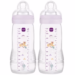 MAM Easy Active Bottles | 2 Pack (2 x 330ml) | Fast Flow MAM Teats Size 3 | Baby Accessories | Pink (Various Designs)