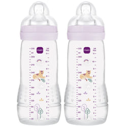 MAM Easy Active Bottles | 2 Pack (2 x 330ml) | Fast Flow MAM Teats Size 3 | Baby Accessories | Pink (Various Designs)