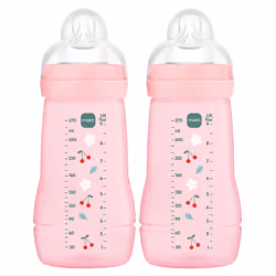 MAM Easy Active Bottles | 2 Pack (2 x 270ml) | Medium Flow MAM Teats Size 2 | Baby Accessories | Pink (Various Designs)
