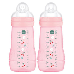 MAM Easy Active Bottles | 2 Pack (2 x 270ml) | Medium Flow MAM Teats Size 2 | Baby Accessories | Pink (Various Designs)