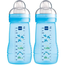 MAM Easy Active Bottles | 2 Pack (2 x 270ml) | Medium Flow MAM Teats Size 2 | Baby Accessories | Blue (Various Designs)
