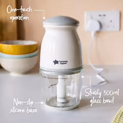 Tommee Tippee Quick-Chop Mini Baby Food Blender and Chopper for all Stages of Weaning, Durable Glass Bowl and Stainless Steel Blades, 500ml Capacity,