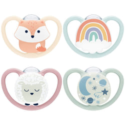 NUK Space Day & Night Baby Dummy | 0-6 Months | Glow-in-the-Dark Soothers with Extra Ventilation for Sensitive Skin | BPA-Free Silicone | Fox & Sheep
