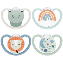 NUK Space Day & Night Baby Dummy | 0-6 Months | Glow-in-the-Dark Soothers with Extra Ventilation for Sensitive Skin | BPA-Free Silicone | Frog & Lion