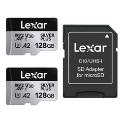 Lexar Silver Plus 128GB 2-Pack Micro SD Card up to 205 MB/s, MicroSDXC UHS-I Memory Card with Adapter, C10, U3, A2, V30, Full HD, 4K UHD, High Speed
