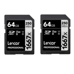 Lexar Professional 1667x SD Card 64GB 2-Pack, SDXC UHS-II Memory Card, Up to 250MB/s Read, 120MB/s Write, Class 10, U3, V60, for Professional