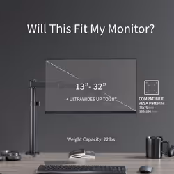 VIVO Single Monitor Arm Desk Mount, Holds Screens up to 32 inch Regular and 38 inch Ultrawide, Fully Adjustable Stand with C-Clamp and Grommet Base,