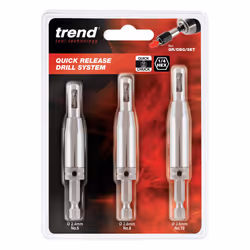 Trend 3-Piece Quick Release Drill Bit Guide Set, 1/4 Inch Hex Shank, HSS Drill Bits, Hinge & Lock Applications, QR/DBG/SET