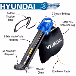 Hyundai Leaf Blower, Garden Vacuum & Mulcher with Large 45 Litre Collection Bag, 12m Cable, 62-170mph Variable Airspeed, Powerful 3000w & 3 Year
