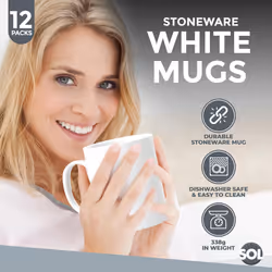 SOL 12pk White Mugs - 11oz 100% Lead & Cadmium Free Stoneware Coffee & Tea Mugs - Perfect for Kitchens, Restaurants & Cafes, Great Gift Idea