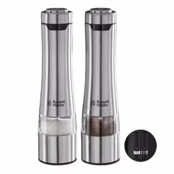 Russell Hobbs Stainless Steel Electric Salt & Pepper Mill Set with adjustable ceramic grinder heads for fine or coarse grindi ...