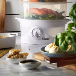 Russell Hobbs 3 Tier Electric Food Steamer, 9L, Dishwasher safe BPA free baskets, Stackable baskets, 1L Rice bowl inc, 60 min timer, Steams in 40