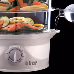 Russell Hobbs 3 Tier Electric Food Steamer, 9L, Dishwasher safe BPA free baskets, Stackable baskets, 1L Rice bowl inc, 60 min timer, Steams in 40