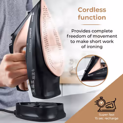 Tower T22008RG CeraGlide Cordless Steam Iron with Ceramic Soleplate and Variable Steam Function, Black and Rose Gold